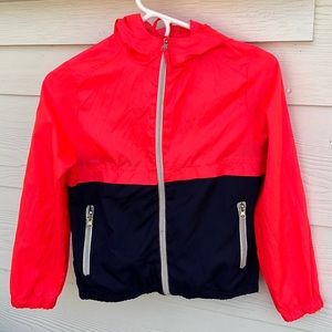 Pink Platinum neon red/navy zipper rain jacket with hood NWOT size 10/12.